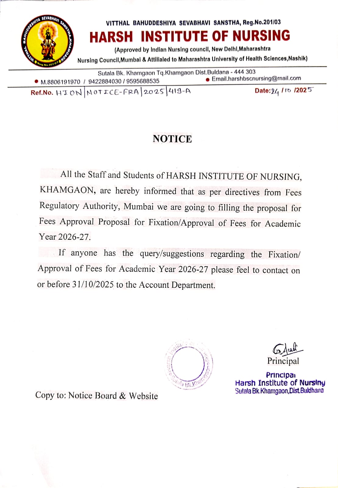 Harsh Institute of Nursing Notice